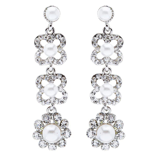 Rhinestone and Pearl Linear Floral Earrings